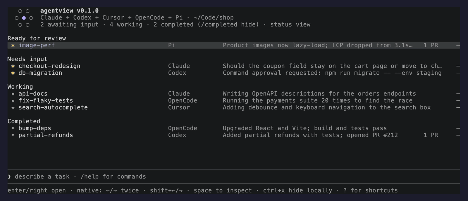 agentview demo: inspecting a session, bringing a past session back with Ctrl+G, and starting a new task